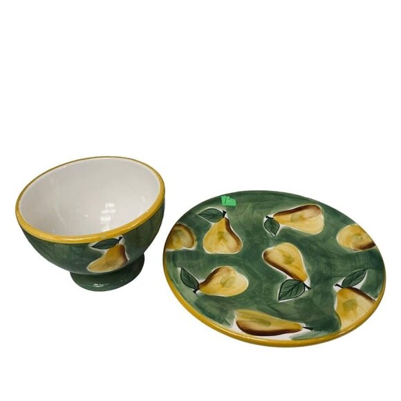 Large Serving Bowl Dish  and Plate Fruit Pears Yellow and Green - Picture 1 of 2